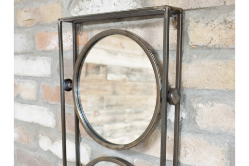 Industrial Metal Wall Mirror, Rectangle, Bronze Frame, Triple Circular