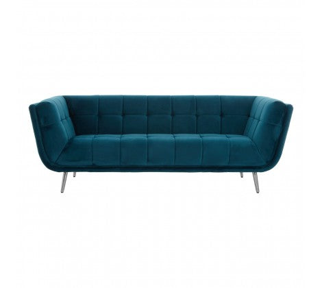 Sabine 3 Seater Sofa, Teal Velvet, Button Tufted, Metal Legs, Silver