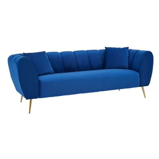 Florine 3 Seater Sofa, Blue Velvet, Gold Metal Legs, Two Matching Cushions