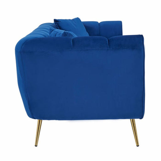 Florine 3 Seater Sofa, Blue Velvet, Gold Metal Legs, Two Matching Cushions