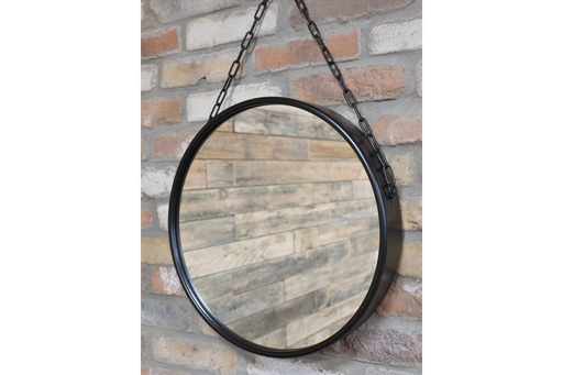 Round Wall Mirror, Metal Frame, Black, Chain