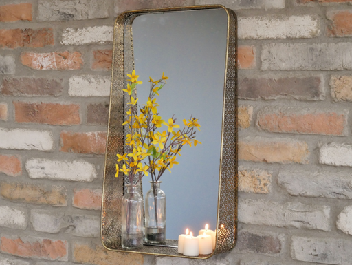 Decorative Wall Mirror, Rectangular Frame, Gold, Shelf