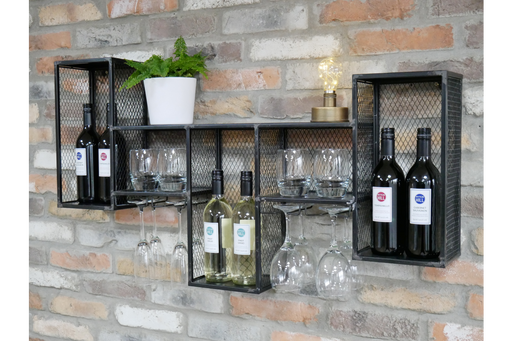 Industrial Wine Cabinet, Black Metal, Wall Hanging
