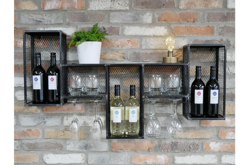 Industrial Wine Cabinet, Black Metal, Wall Hanging