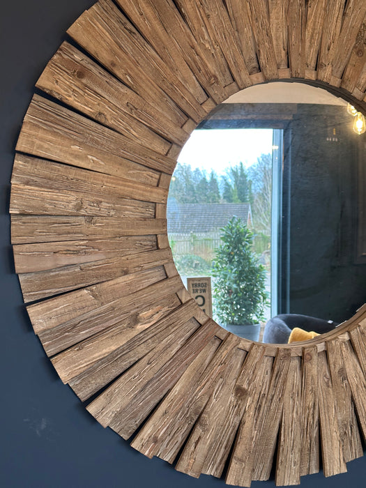 Wooden Wall Mirror, Large, Round Frame, Rustic Natutral, 120 cm