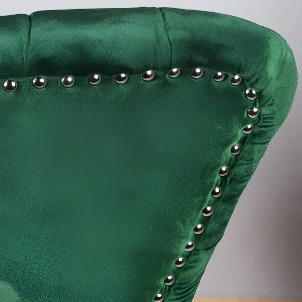 Claymore Wingback Accent Chair, Emerald Green Velvet, Button Tufted, Black Metal Base