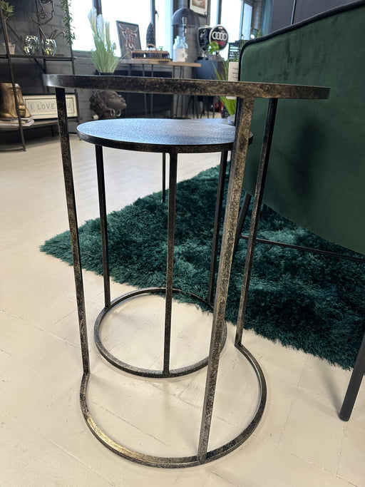 Industrial Nesting Side Tables, Distressed Black, Metal Frame, Bronze Round Top