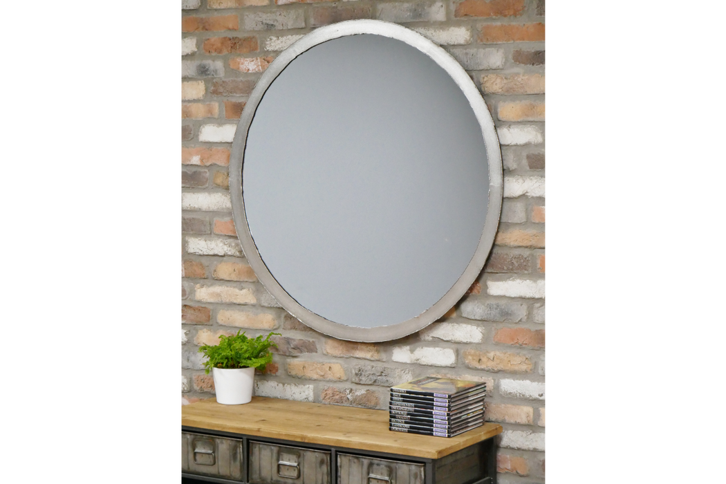 Industrial Round Wall Mirror, Metal Frame, Distressed Silver