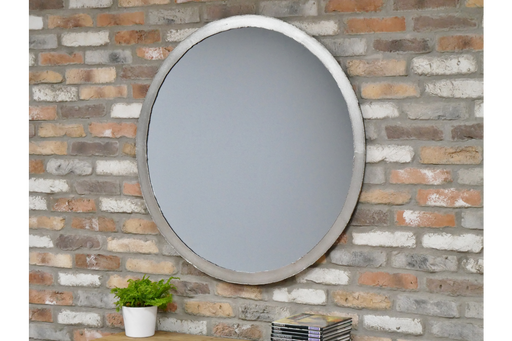 Industrial Round Wall Mirror, Metal Frame, Distressed Silver