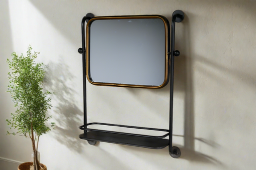 Industrial Metal Wall Mirror, Rectangle Frame, Black, Gold Shelf  
