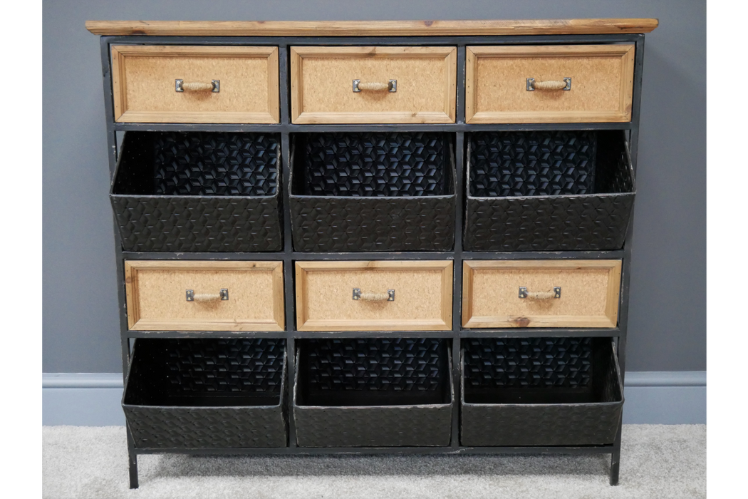 Rustic Sideboard Wood 6 Drawer, 6 Black Metal Drawer, Storage, Shoe Storage, For Hallways
