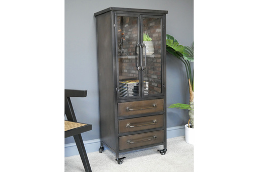 The Works Display Cabinet, Distressed Bronze, 3 Drawers, 2 Glass Doors