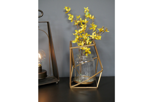 Flower Bud Vase, Gold Metal Frame, Clear Glass