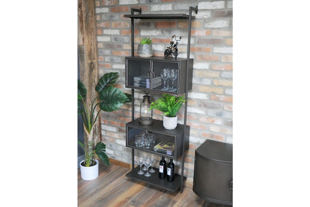 Shelving Unit, Glass Cabinets, Bronze Metal Frame, Wall To Floor