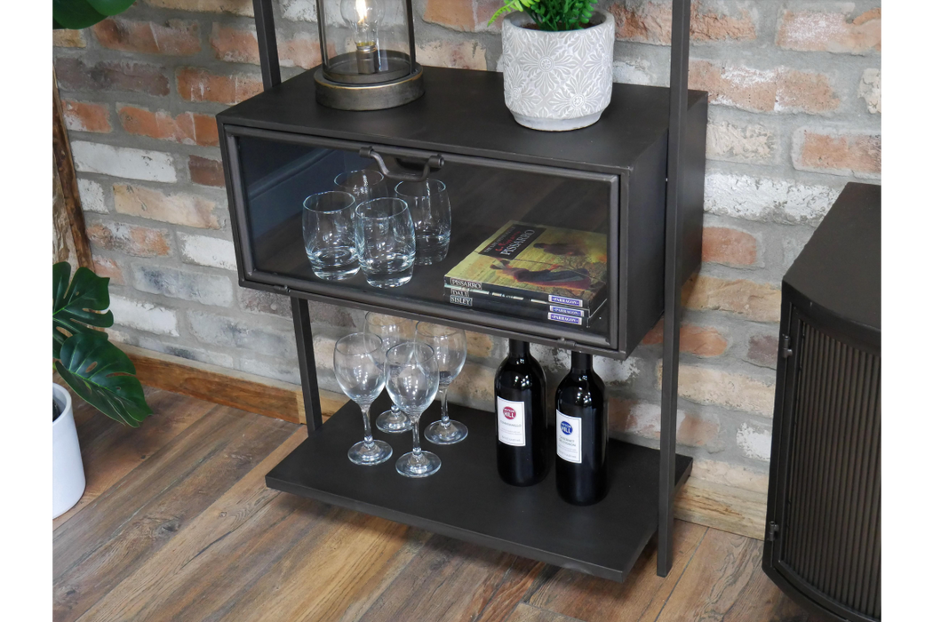 Shelving Unit, Glass Cabinets, Bronze Metal Frame, Wall To Floor