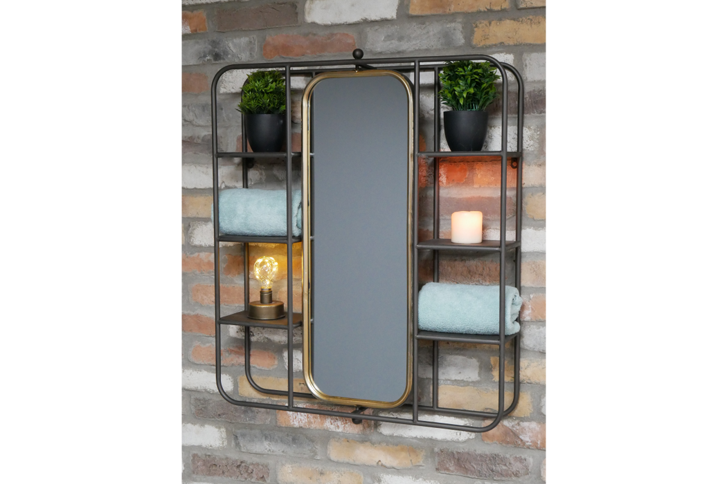 Metal Wall Shelves With Swivel Mirror In Off Black & Gold.