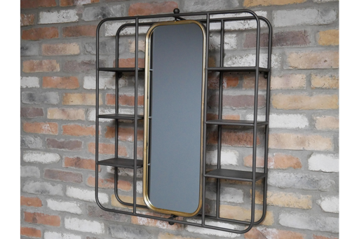 Metal Wall Mirror, Square Frame, Black Gold, Shelves 