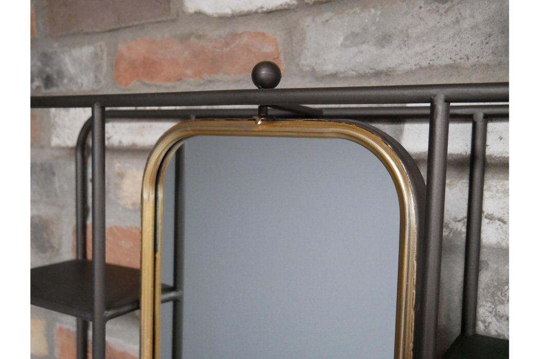 Metal Wall Shelves With Swivel Mirror In Off Black & Gold. (Out Of Stock)