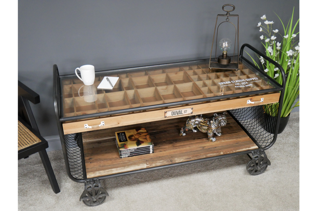 Industrial Storage Coffee Table, Black Metal Frame, Rustic Wood Surface, Glass Top