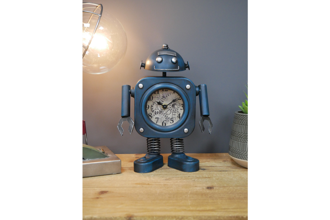 Novelty Robot Tabletop Clock, Blue & Silver, Metal