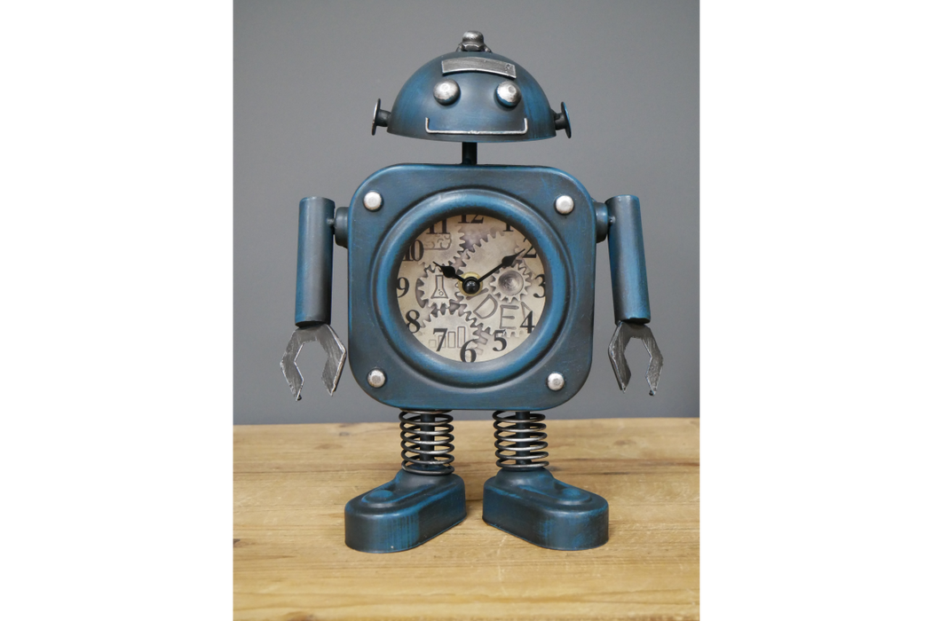 Novelty Robot Tabletop Clock, Blue & Silver, Metal (Due Back In End of May)