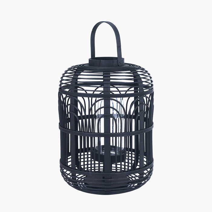 Small Black Bamboo and Glass Lantern - 39 x 26 cm