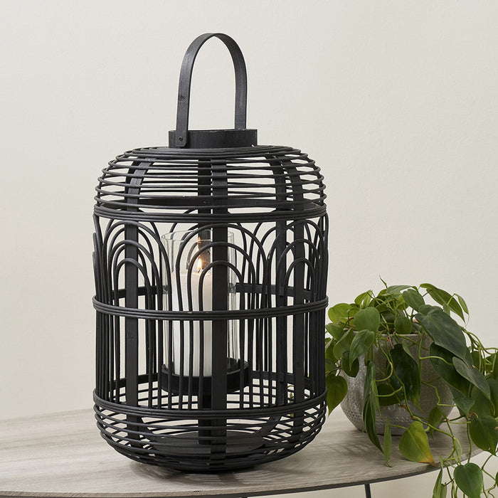 Small Black Bamboo and Glass Lantern - 39 x 26 cm