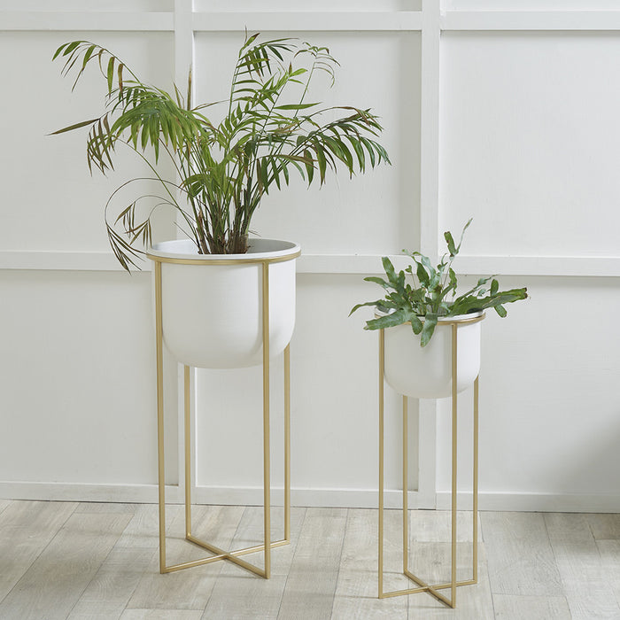 White & Gold Metal Circular Planters - Set Of 2 (Due Back In Mid-August)
