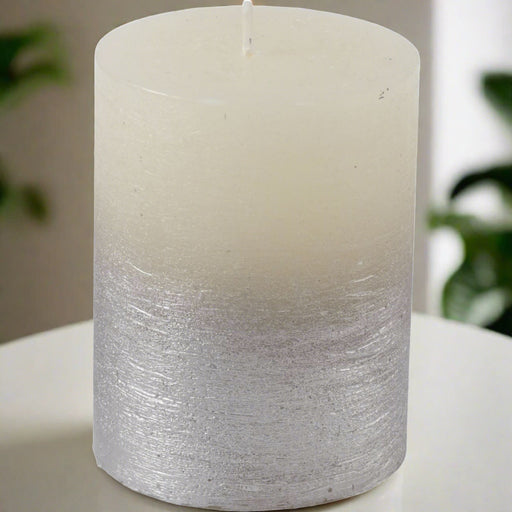 White Pillar Candle With Metallic Silver Ombre 10 X 10 cms - Decor Interiors -  House & Home