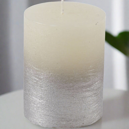 White Pillar Candle With Metallic Silver Ombre 07 X 19 cms - Decor Interiors -  House & Home