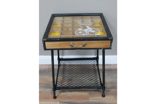 Rustic Display Side Table, Handy Storage, Black Metal, Wooden 1 Drawer, Glass Top