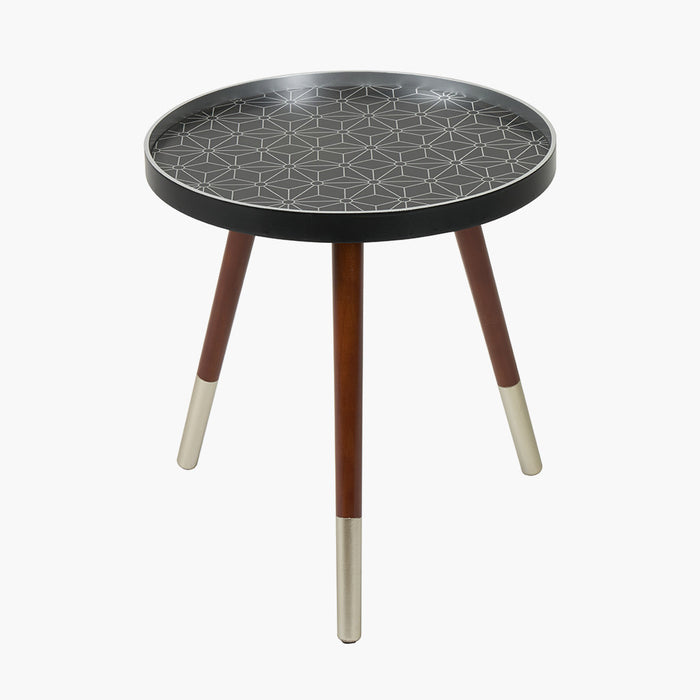 Tripod Side Table, Floral Design, Round Black Top