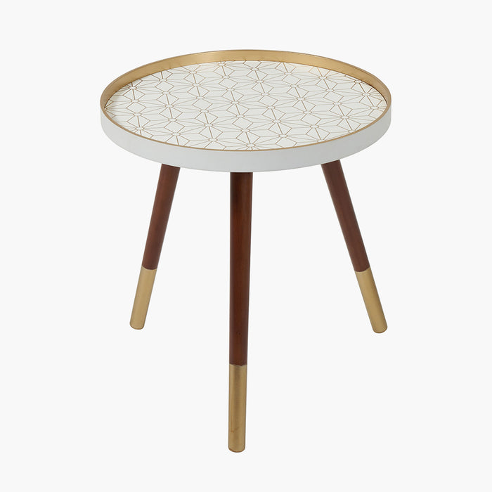Tripod Wooden Side Table, Floral Design, White Round Table Top