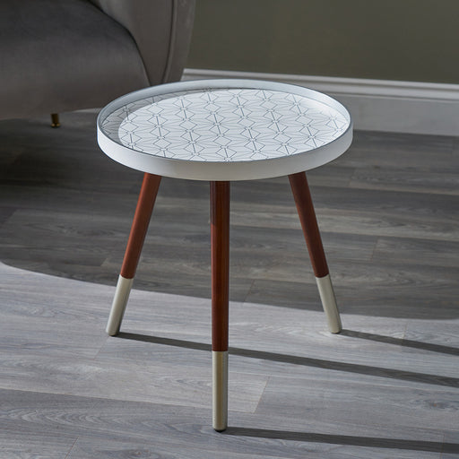 Pine Wood Side Table, Floral Design, Tripod Legs, White Round Top