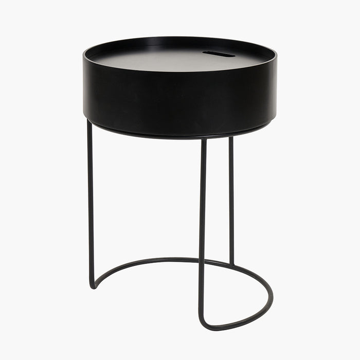 Storage Side Table, Black Metal Frame, Round Wooden Top, 52 x 38 cm