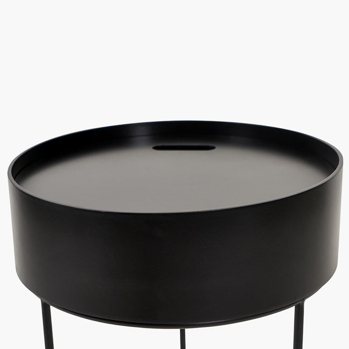 Storage Side Table, Black Metal Frame, Round Wooden Top, 52 x 38 cm