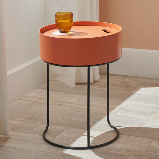 Orange Storage Side Table, Black Metal Legs, Round Wood Top