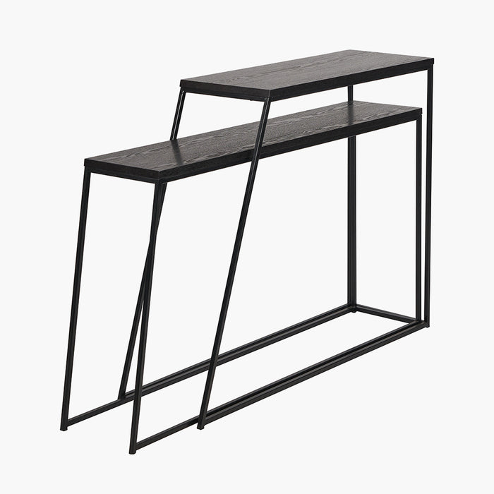 Nesting Console Tables, Metal Frame, Wooden Top, Black, Set Of 2