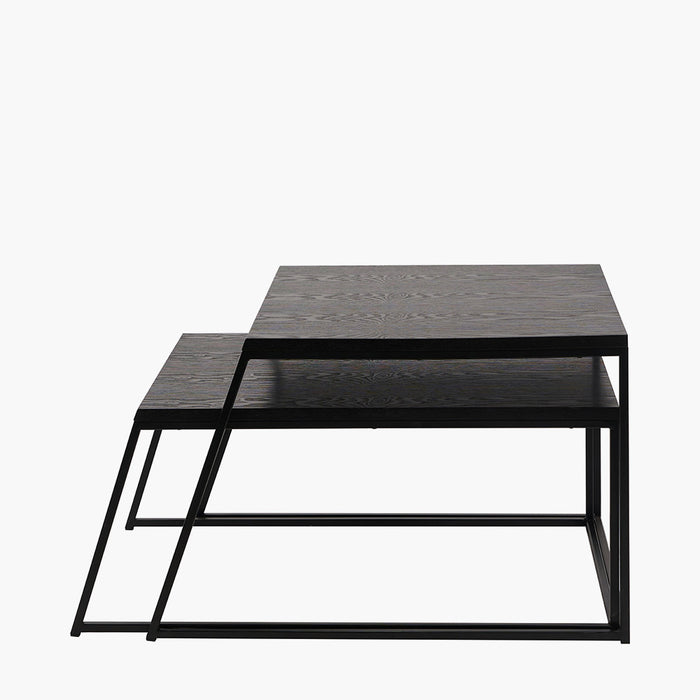 Nest Coffee Tables, Black Ash Veneer Top, Black Metal Legs, Set Of Two