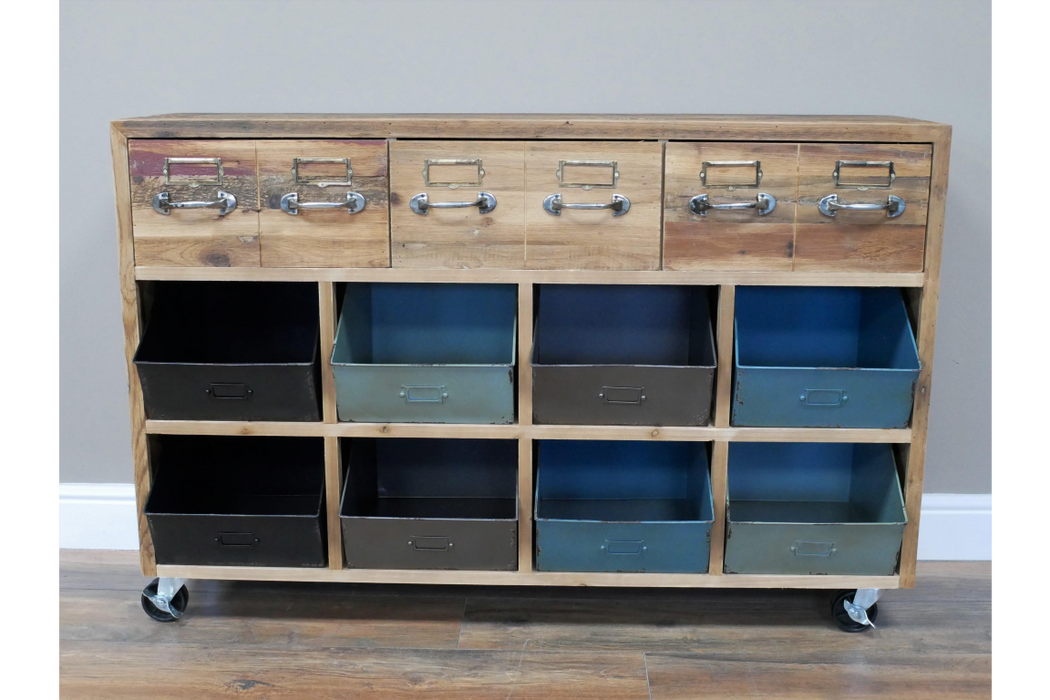 Rustic Sideboard, 3 Wooden Drawers, 8 Metal Storage
