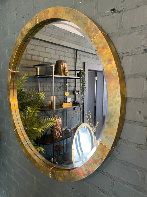 Evelyn Metal Wall Mirror, Round Frame, Mottled Brass, 91.5 cm