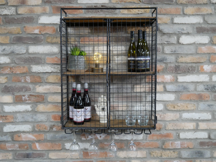 Wirework Wall Wine Cabinet, Cage Wall Wine Bar, 2 Wooden Shelves, Black Metal Door