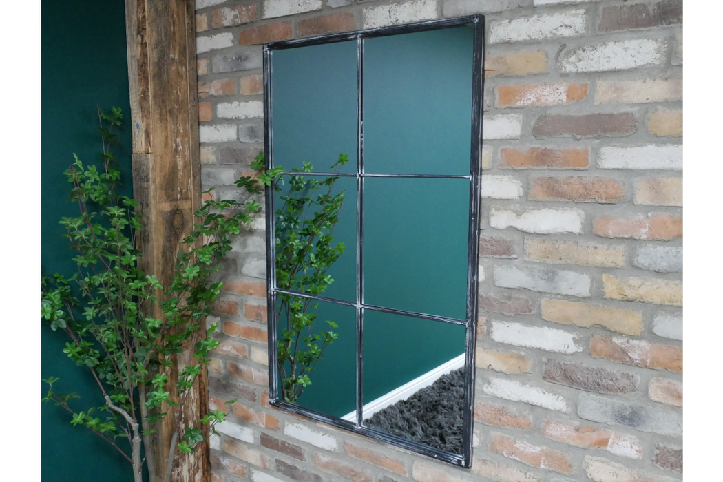 Distressed Metal Wall Mirror, Rectangle, Black Frame, Window, 118 x 75 cm