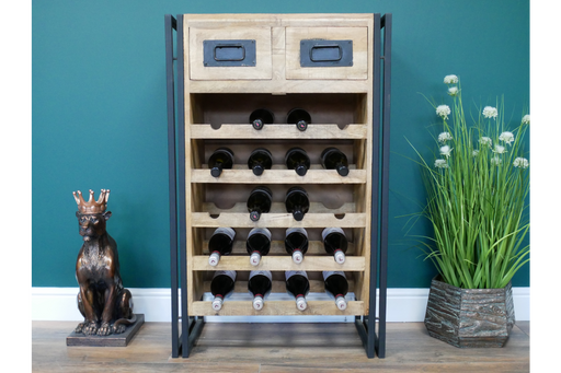 Rustic Wine Cabinet, Black Metal Frame, Mango Wood Shelves, Floor Standing