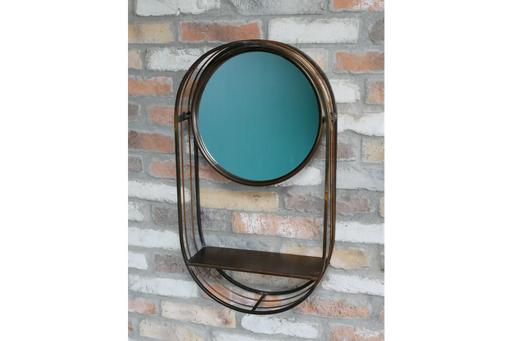 Round Wall Mirror, Metal Frame, Bronze, Shelf