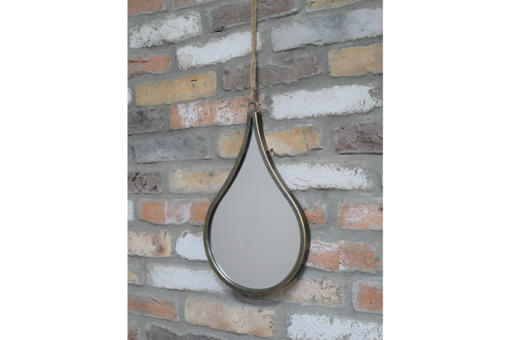 Distressed Metal Wall Mirror, Small, Round, Gold Rope, Teardrop