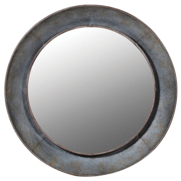 Industrial Round Wall Mirror In Distressed Metal - 88 cms