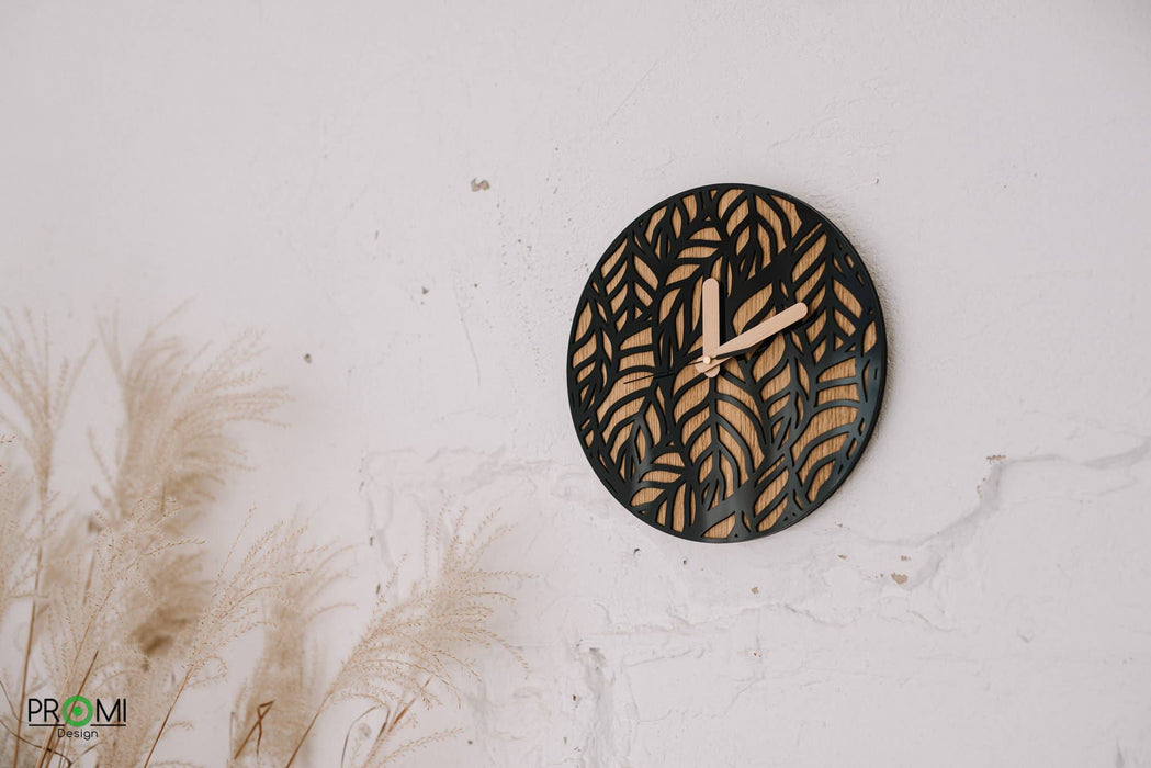 Handmade Round Wall Clock, Natural Wood, Black Acrylic