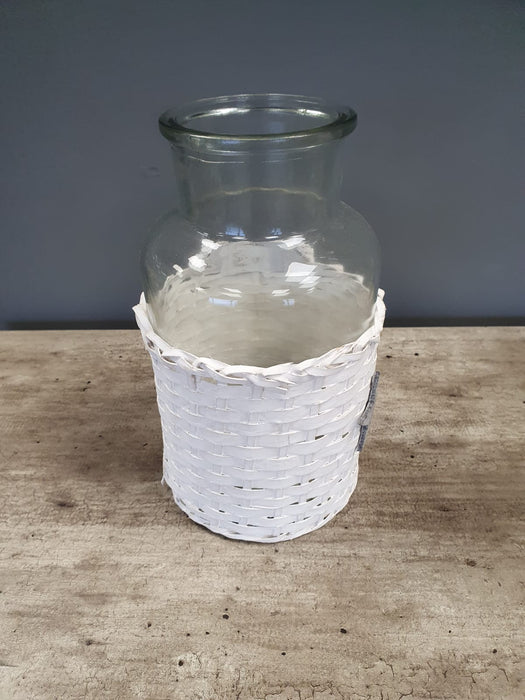 Rustic Flower Stem Vase, Clear Glass, White, rattan