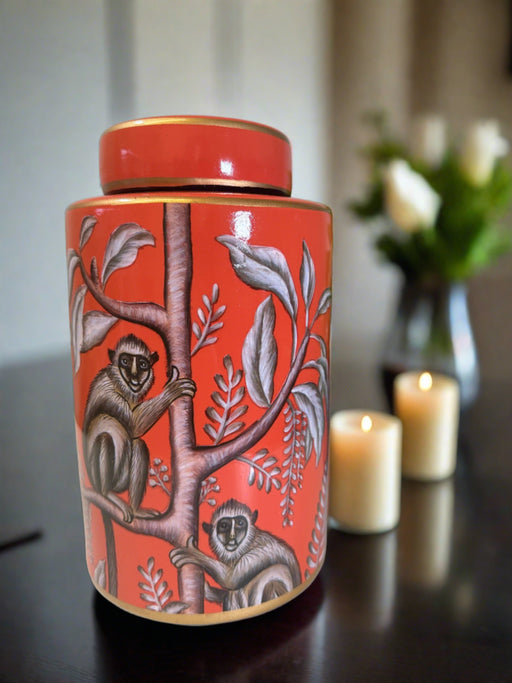 Decorative Large Coral Jar, Ceramic, Jungle Design, 25 x 14 cm